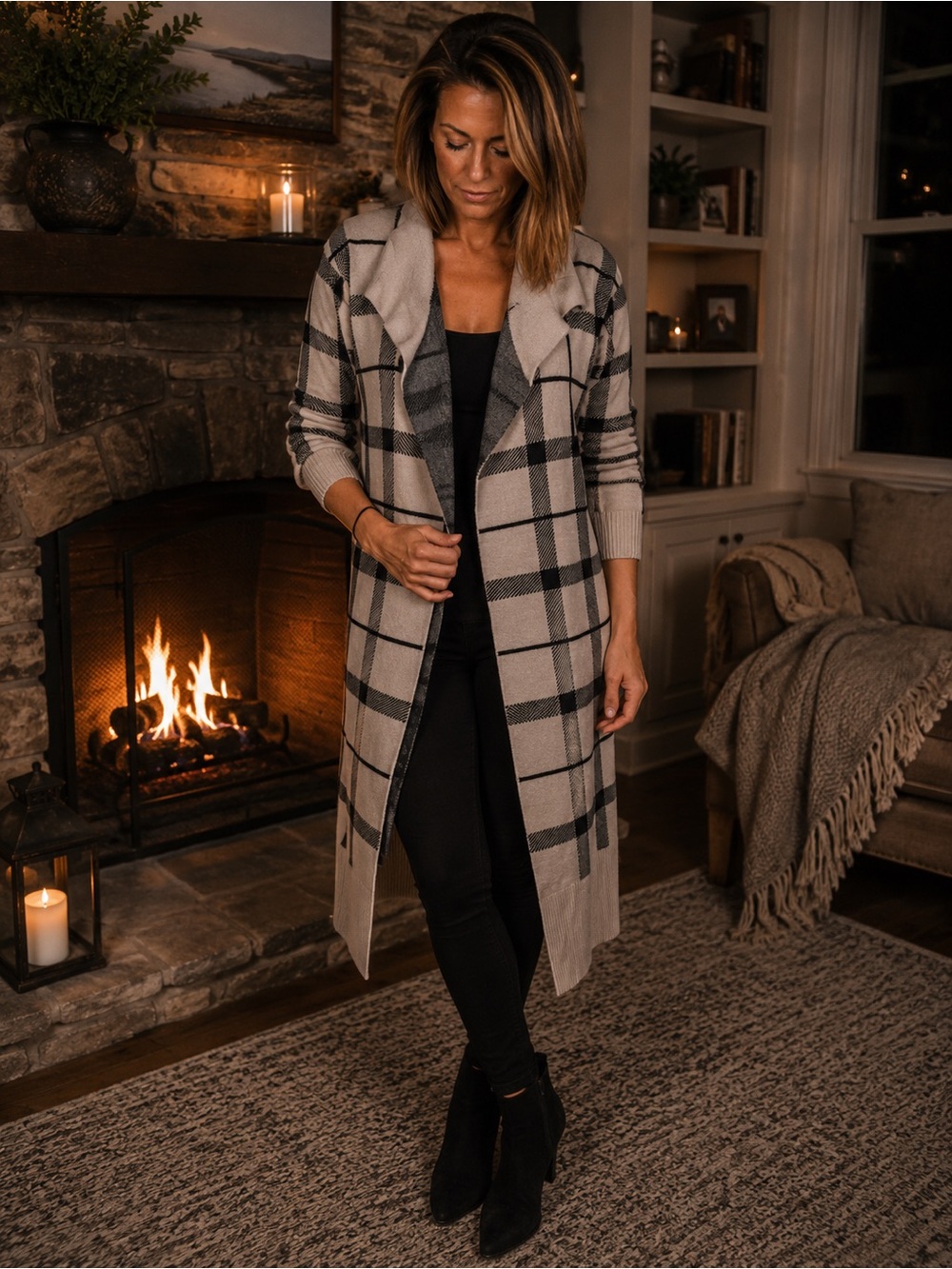 River Island Long Plaid Open-Front Cardigan in Beige and Black